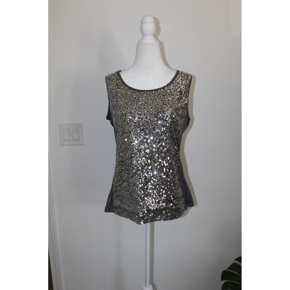 Van Heusen Womens Gray Silver Sequin Front Sleeveless Scoop Neck Tank Top Large
